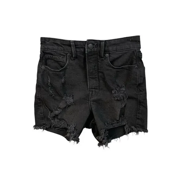 Good American Shorts Women 00 Black Denim Bombshell Distressed Button Fly Pocket - Picture 1 of 11